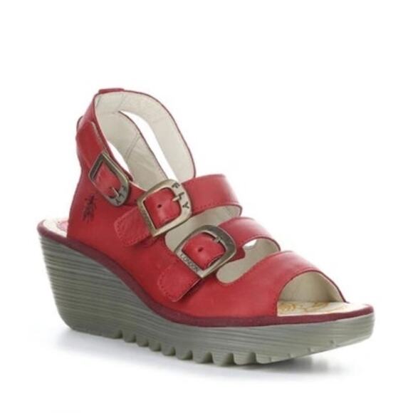 FLY London Yorn Leather Buckle Wedges Sandals Size 38 - Picture 1 of 12